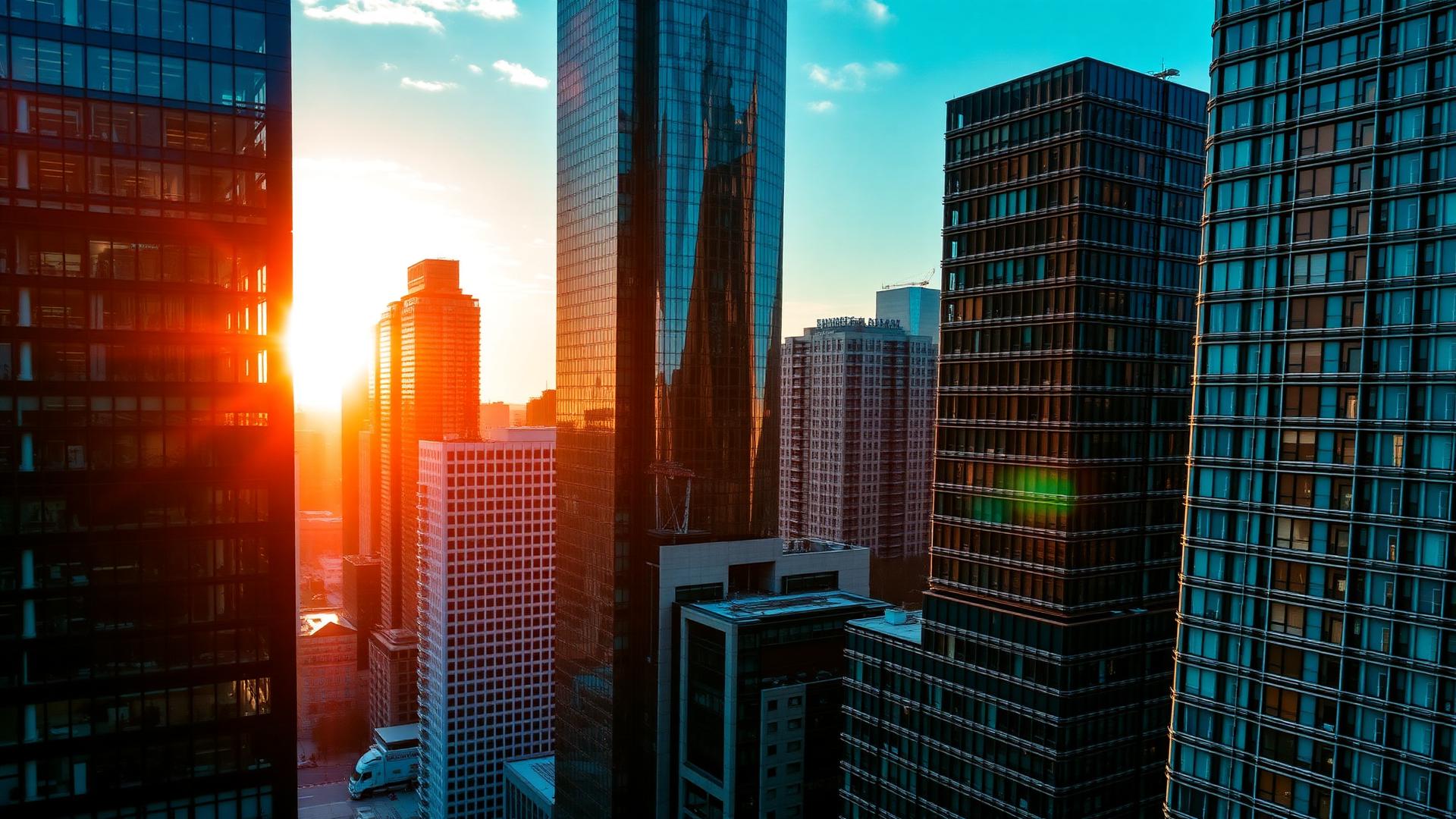 Modern commercial district with sleek glass skyscrapers